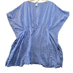 Draper James Blue Kaftan Swim Cover Up V-Neck Drawstring Waist Pom Pom Trim L